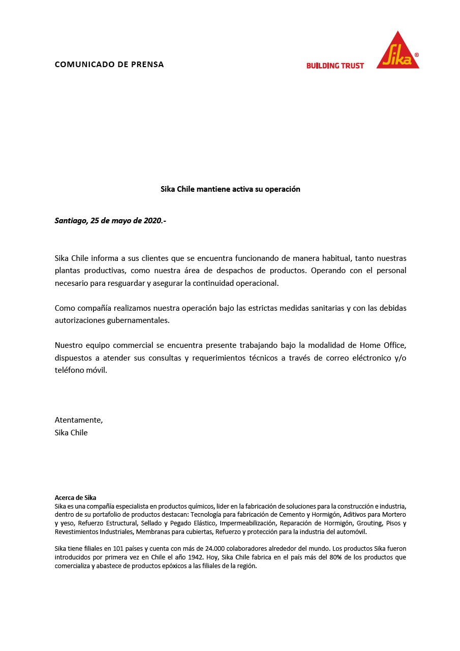 Sika Chile mantiene activa su operación